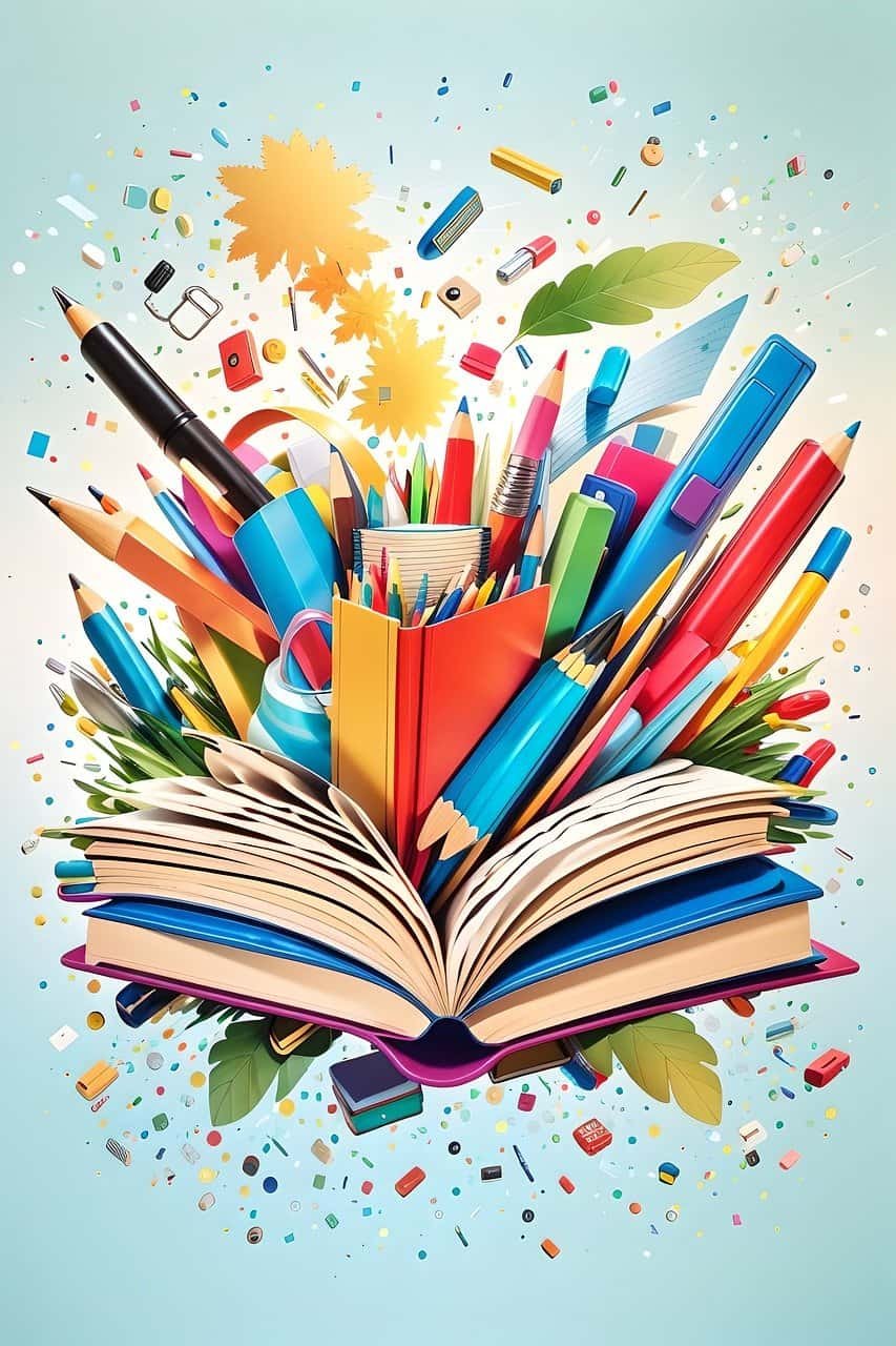 Resources for graduate students. Image shows a brightly colored open book, exploding with academic supplies like pencils, highlighters, notebooks, pens, etc.