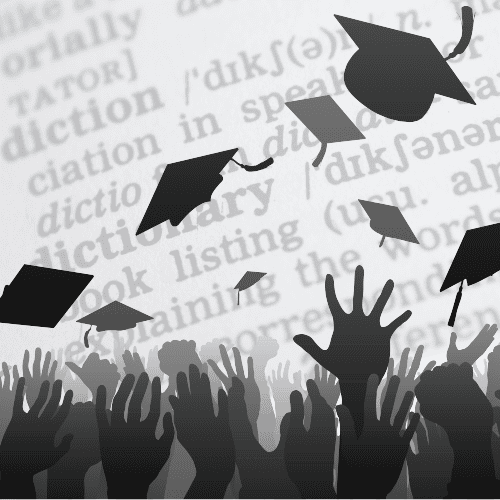 Decorative image for the graduate school glossary shows words overlaid with hands throwing up graduation caps.