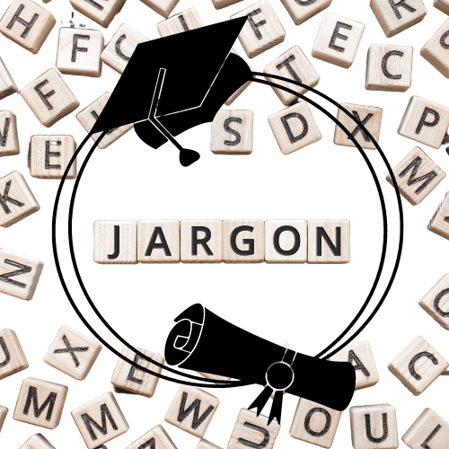 Decorative image for the Graduate School Glossary that has scrabble pieces spelling out jargon, overlaid with an image of a graduation cap and diploma.