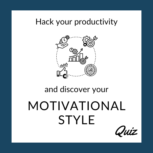 Cover image for the motivational style quiz for graduate students. Image shows several figures representing productivity in graduate school, including a hand holding a clock, a bullseye, a bar chart showing growth and a thumbs up. The text reads: Hack your productivity and discover your Motivational Style.