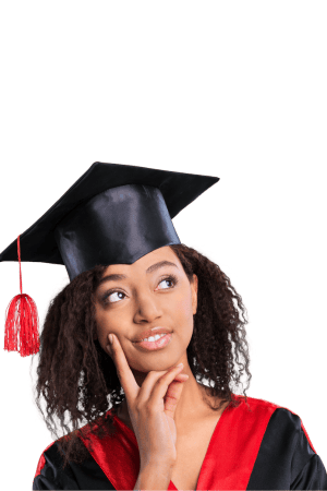 Image of student in cap and gown with head tilted in a questioning manner. Eyes align with the heading "Thinking About Applying to Graduate School."